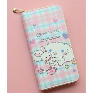 Hello Kitty & Cinnamoroll Long Wallet – Zipper Clutch with Hearts, Tea & Rabbit